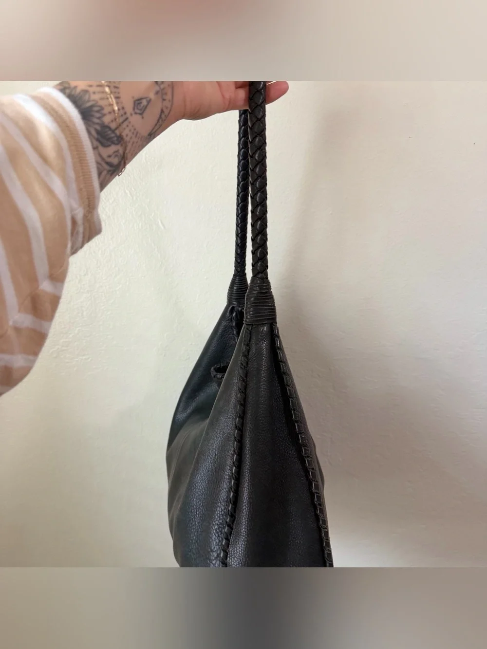 Margot NY Black Pebble Leather Slouchy Hobo Bag Braided Whipstitch Boho Tote